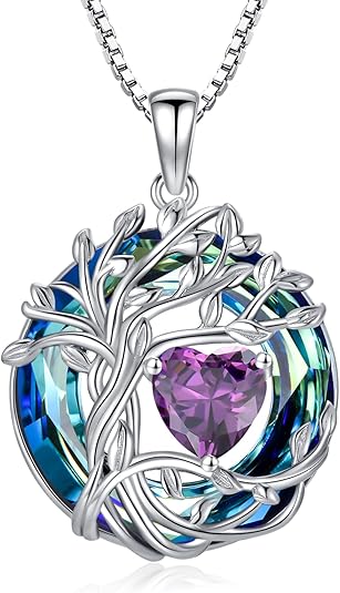 TOUPOP Tree of Life Birthstone Necklace 925 Sterling Silver Pendant Austrian Crystal Jewelry Anniversary Valentine's Day Birthday Gifts for Women Mom Her Wife