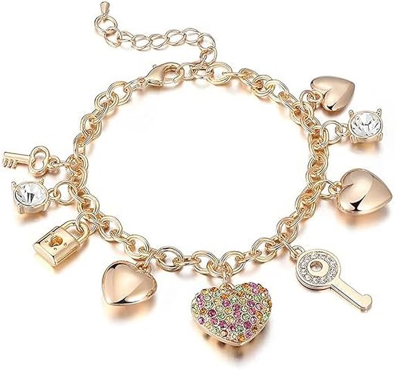 SILANER Gold Chain Link Bracelet - 7"+ 2" Extender 14K Gold Plated Love Locked Bracelets for Women, with Crystal, Love Heart,Key, Lock, Charm Bracelet