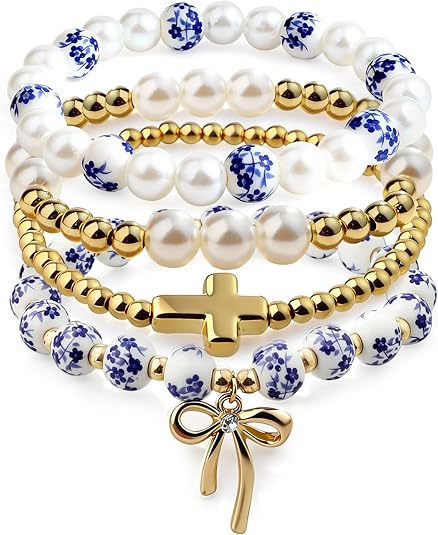 BATHRINS 4 Pcs Stackable Stretch Beaded Bracelets for Women Cross Bow Pearl Bracelet Trendy Vintage Jewelry