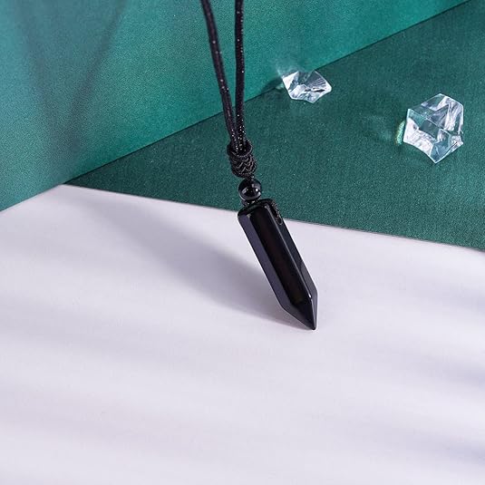 Hexagonal Crystal Points Pendant Necklace Black Obsidian Healing Stone Necklace Adjustable Rope Reiki Gemstone Necklace Handmade Jewelry for Men Women